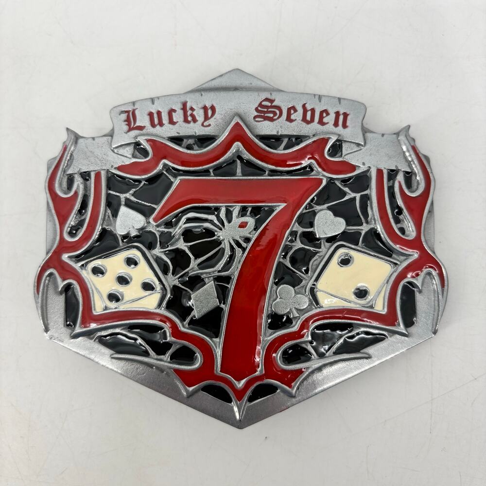 Lucky Seven Belt Buckle Red Black Dice Spider Web Spade Heart